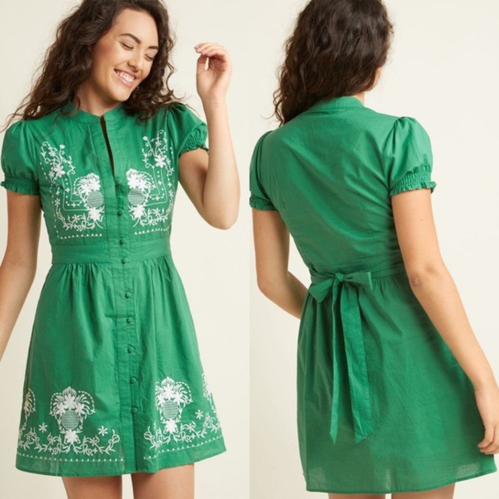 Modcloth green Sunny Girl Needlework-it-out Dress